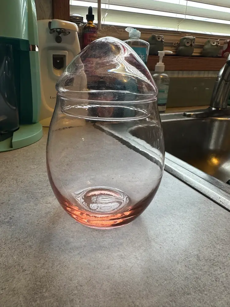 Glass egg-shaped jar by Libbey. Pink Tinting.