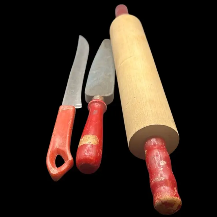 Vintage 1950s Kitchen Utensil Set; Red Handles Rolling Pin, Knife And Sharpener Set.