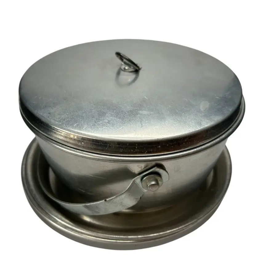 Aluminum Camping Kit, 2 8” Diameter Plates, 2 Pans With Handles And Lids One 7 1/2” One 6” Salt And Pepper, Measuring Cups (2) Can Opener 10 Piece Total