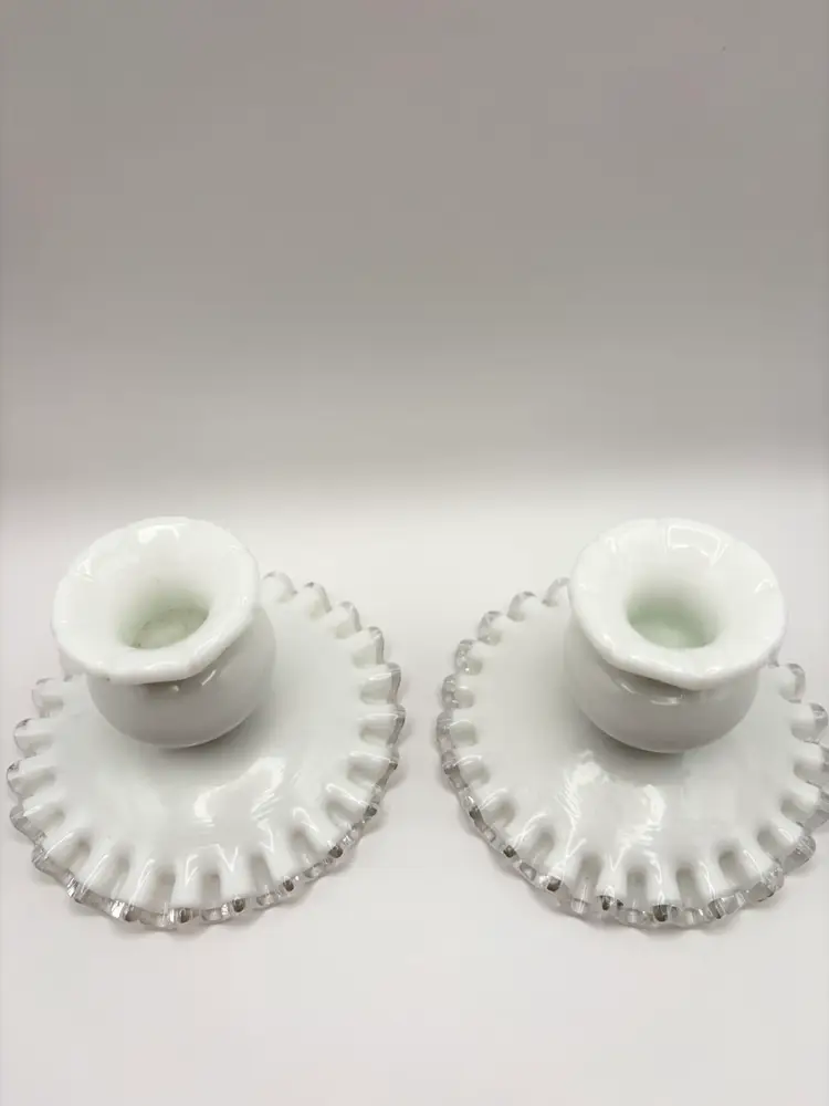 Pair Of Fenton Silver Crest Milk Glass Candlestick Holders Ribbon Detail Vintage