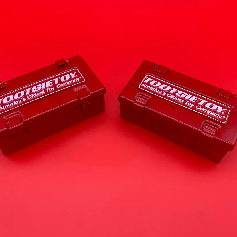 Tootsie Toy Pair of Die Cast Yellow School Bus Toys in Red Metal Crates