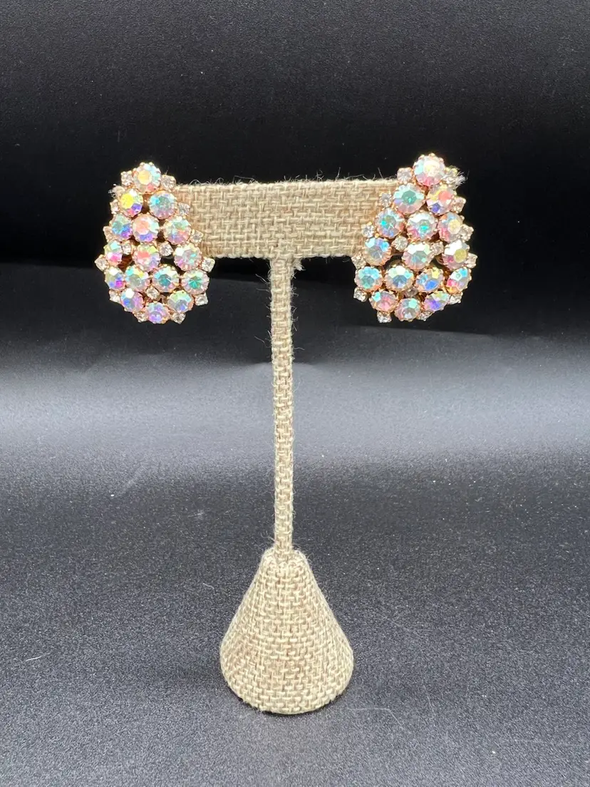 AB Stones Over Golden Tear Drop Pierced Earrings Not Marked 1.25”