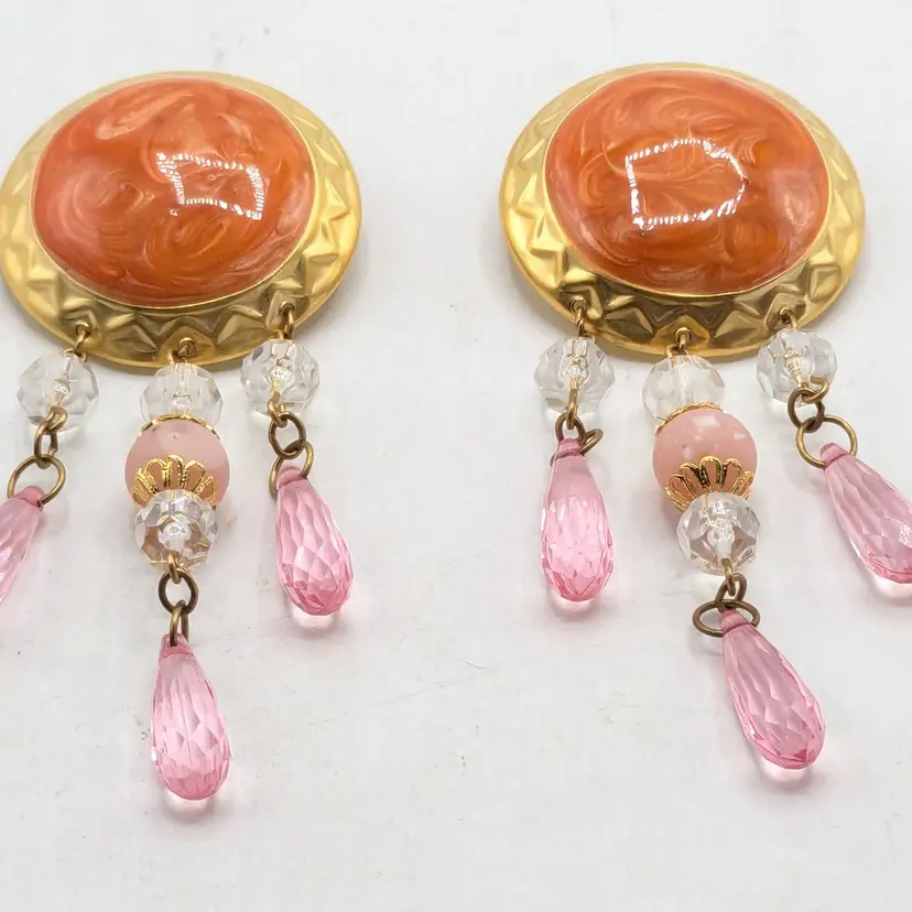 Gold Tone Enameled Orange with Beaded Pink Dangle Earrings NOS