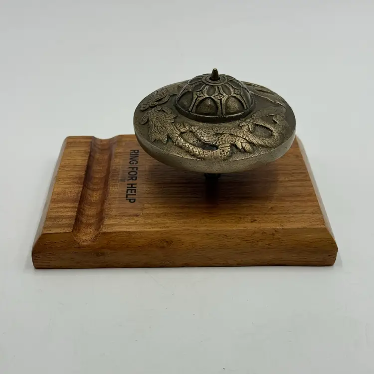 Table Chime Meditation Dragon Motif Wood Brass Desk Bell Ring For Help No Dowel