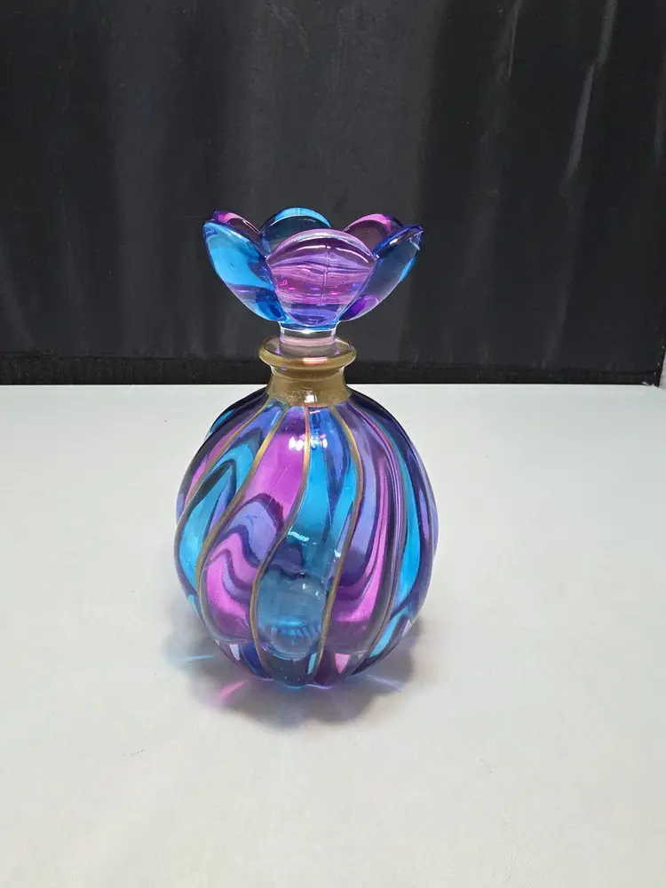 Italian Art Glass Perfume Bottle Illusions 24% Lead Purple Blue Swirl (AB)