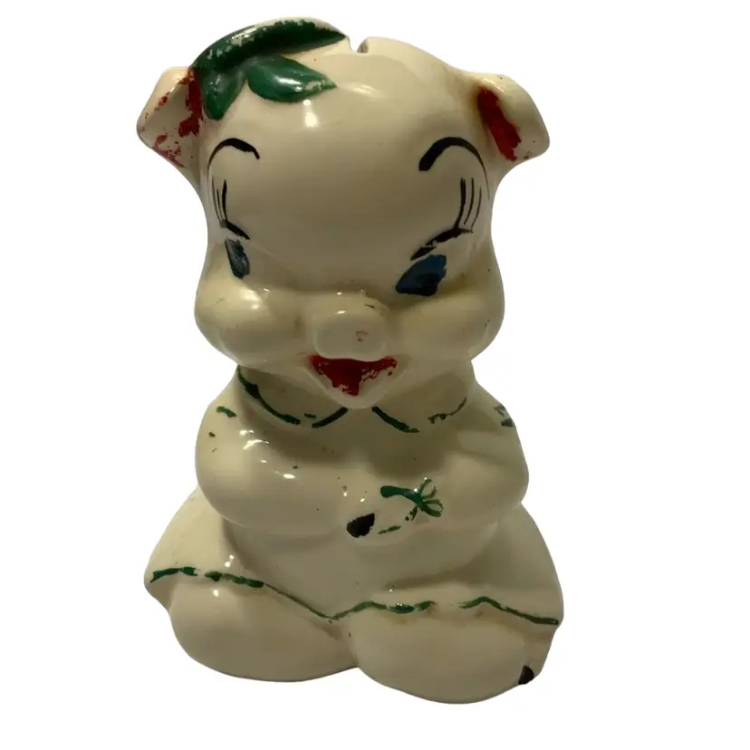 Cold Painted Pottery Piggy 🐷 Bank With Green Detail