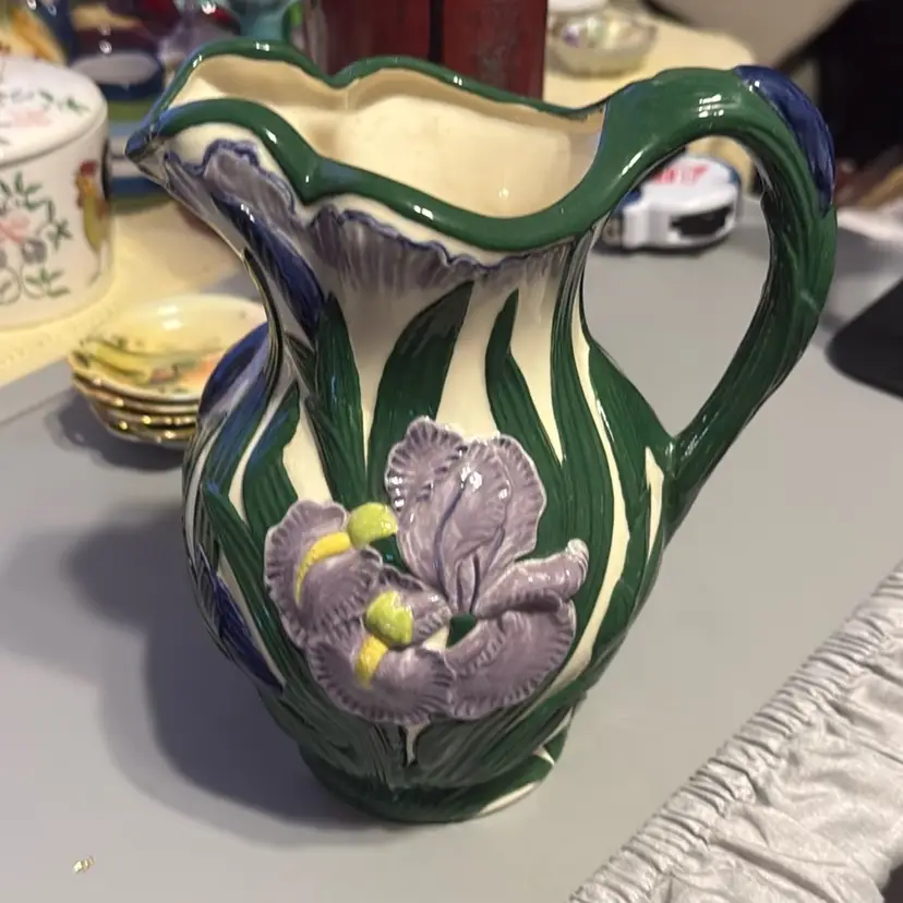 Vintage Signed Ceramic Molded Hand Painted Pitcher With Iris