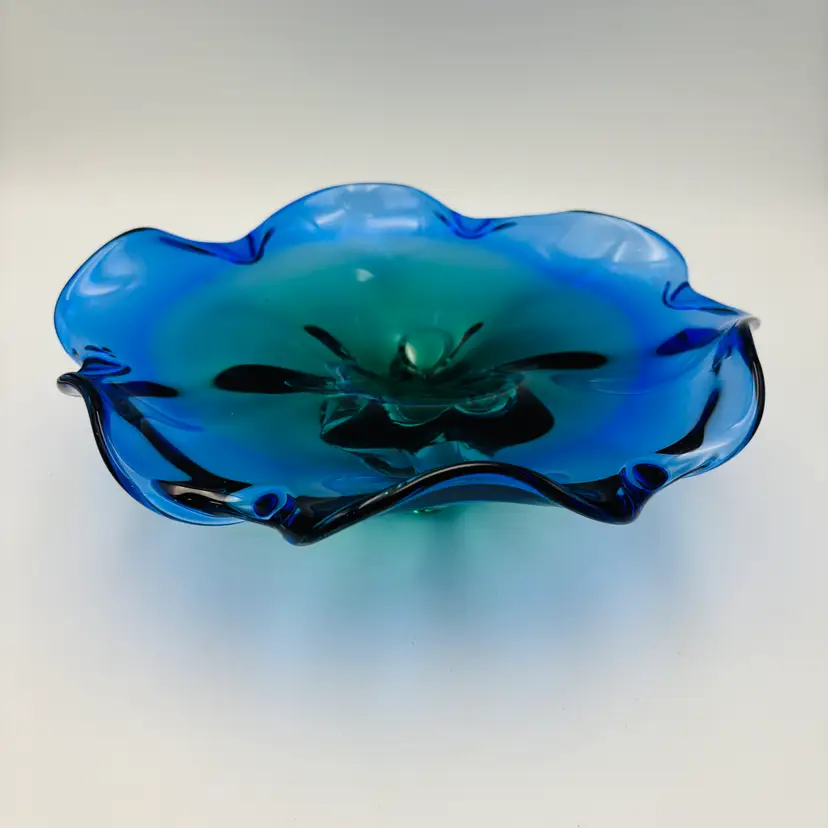 Vintage Poland Art Glass Blown Blue Green Bowl Polish Handblown Decorative