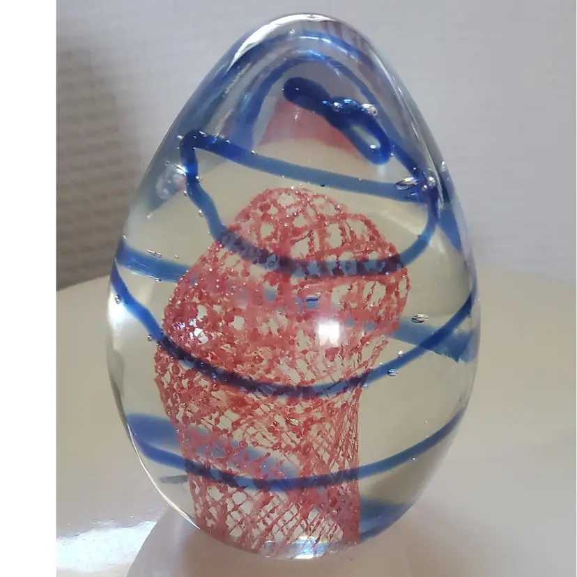 Orange Lattice, Blue Spiral Paperweight