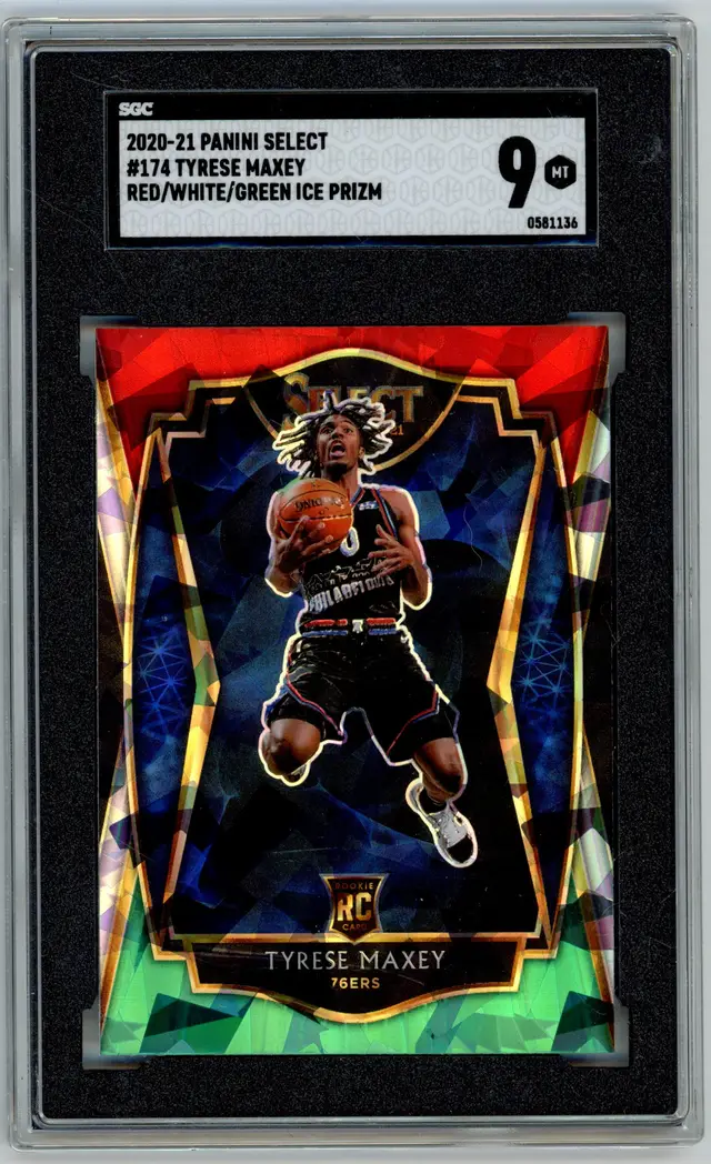 2020-21 Panini Select TYRESE MAXEY RC Rookie Red White Green Ice Prizm #174 76ERS SGC 9 MT