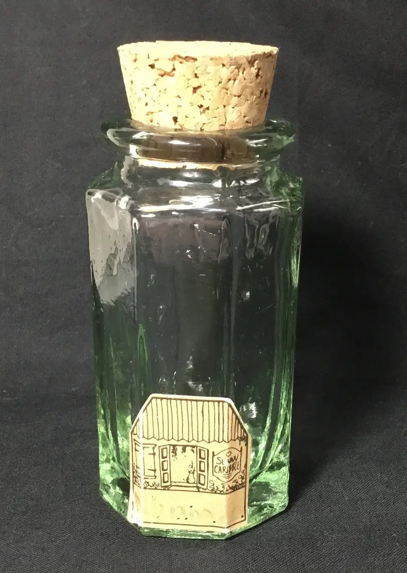 Octagonal, green glass bottle, antique/vintage, cork stopper, 3.5"