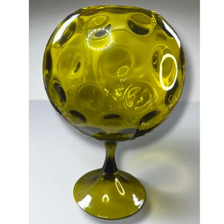 Vintage Italian Empoli Avocado Green Glass  Polka Dot Optic Compote Bowl 1960s - 11”