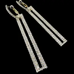 Extra Blingy Rhinestone Studded Open Rectangle Pierced Dangle Statement Earrings 3.25”L Unsigned
