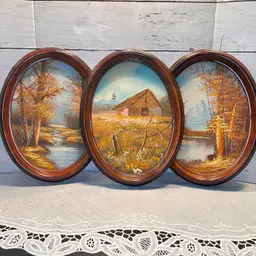 3 Oval Framed Hand Painted Landscape Paintings 8x10 Wall Hanging Homco Or Home Interiors Style