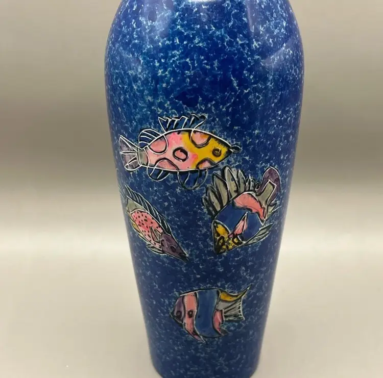 Hand Carved Heavy Blue Soapstone Vase With Colorful Fish Kenya Africa 8”