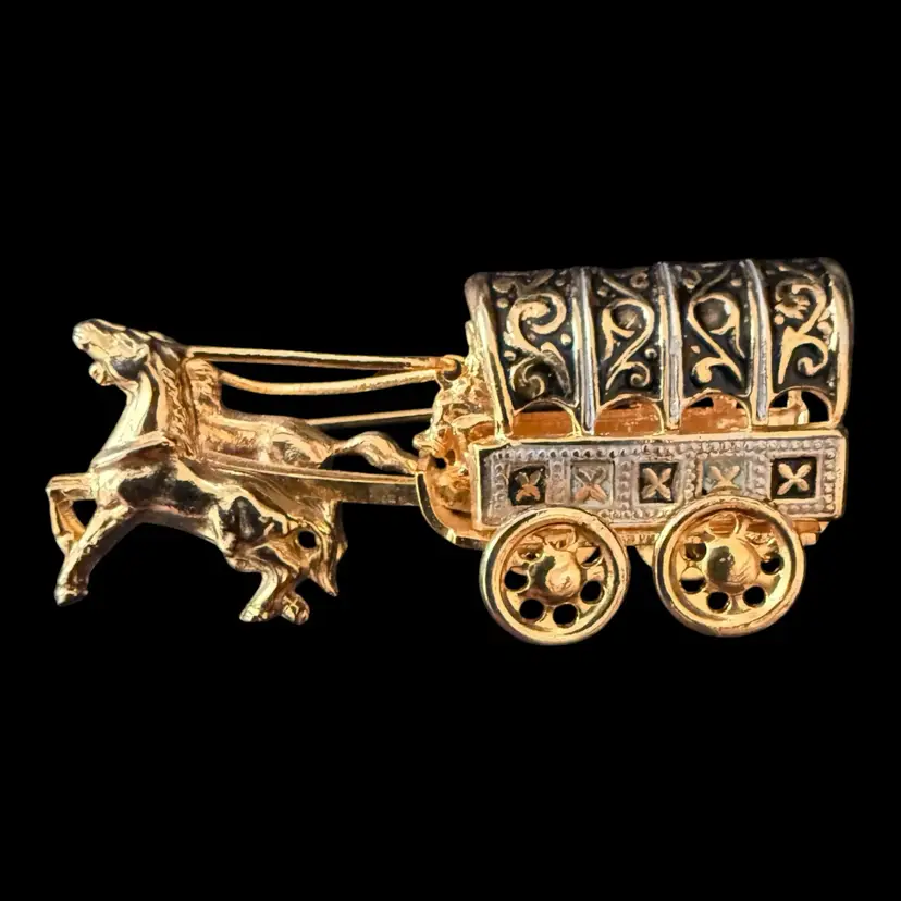Damascene Horse & Covered Wagon Brooch Pin 2”