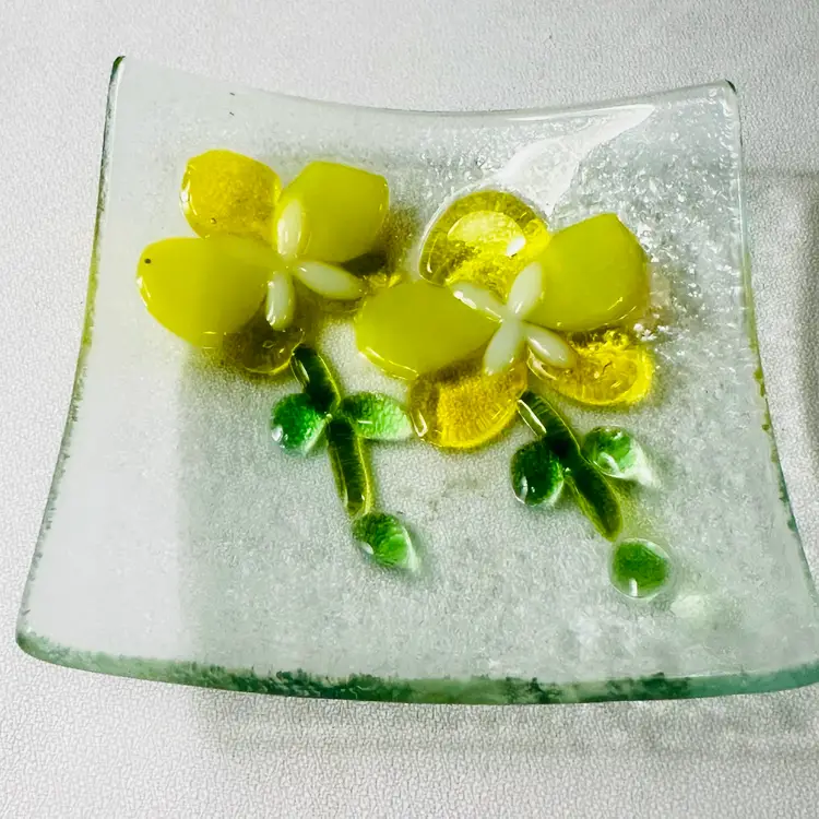 Dynasty Gallery Fused Art Glass Set Of 2 Trinket Dish 4X4. Flowers And Butterfly