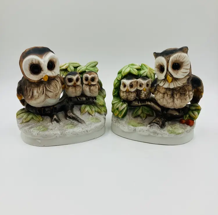 Vintage 1970’s Homco Set Of 2 Screech Owl Family Figurines- Mom, Dad, And 4 Babies