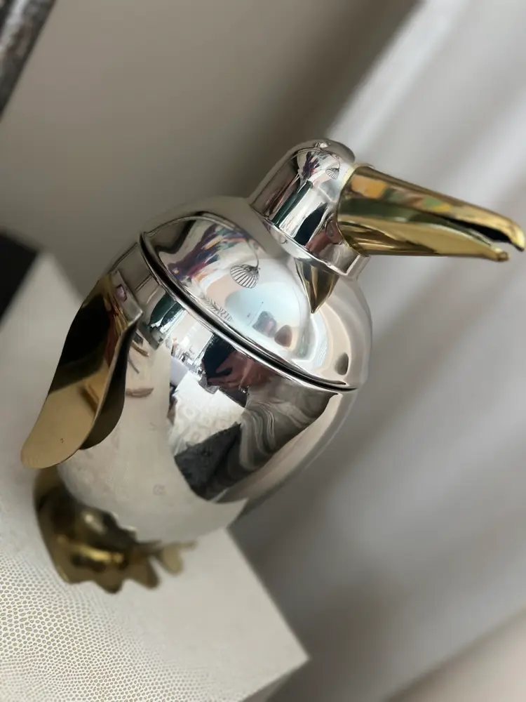 #02 - Pier One Sliver & Gold Penguin Ice Bucket W Tag 9.25 Inches Tall