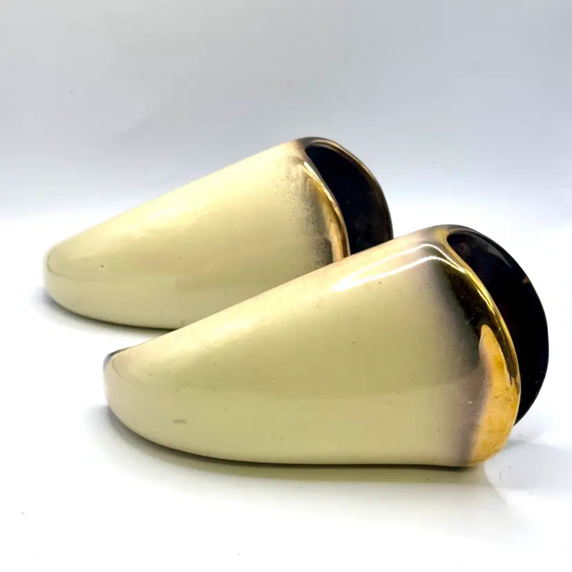 Pair of West Germany Glazed Pottery Brown and Gold Tone Wall Pockets Vases 6.5”