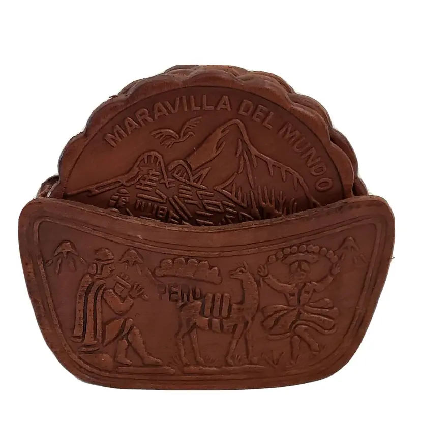 Coasters Holder Machu Picchu Cusco Peru Souvenir Tooled Leather Set of 6 READ