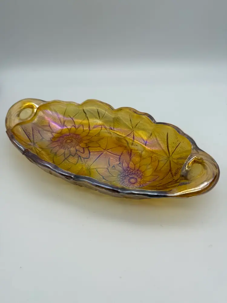 Indiana Glass Co Marigold Carnival Glass Oval Handled Dish Lily Pons Vintage