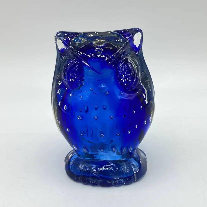 Vintage Lefton Colbalt Blue Owl Art Glass Paperweight Figurine Controlled Bubbles