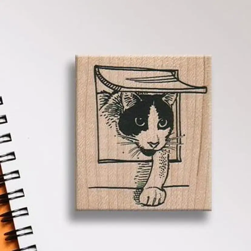 Cat Entering Cat Door Rubber Stamp