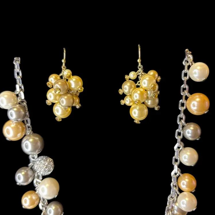 Talbots Glass Multi Colored Pearl Necklace Set With Rhinestone Accents