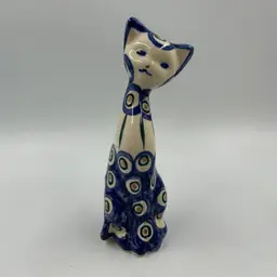 Vintage Blue And Cream Colored Handpainted Ceramic Cat.  Approximately 7” T