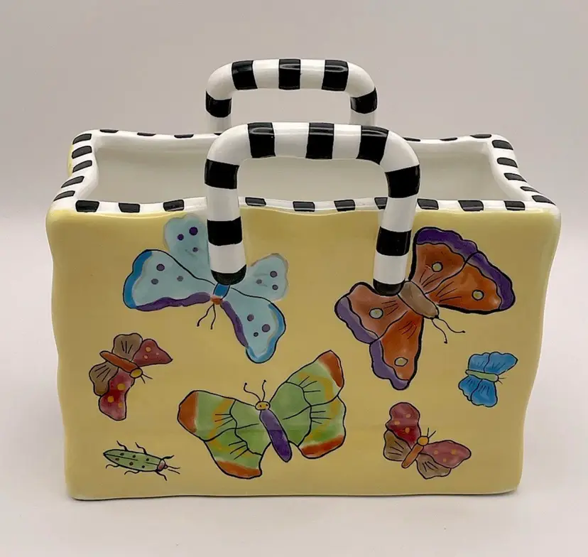 Hand painted by Patricia DuPont, Ceramic Vase/Decor. Cute Purse with Butterflies, Bugs. Black and White accents. Dated 1999