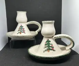 LoomCo Christmas Tree Spongeware Ceramic Taper Candle Holder With Finger Handle