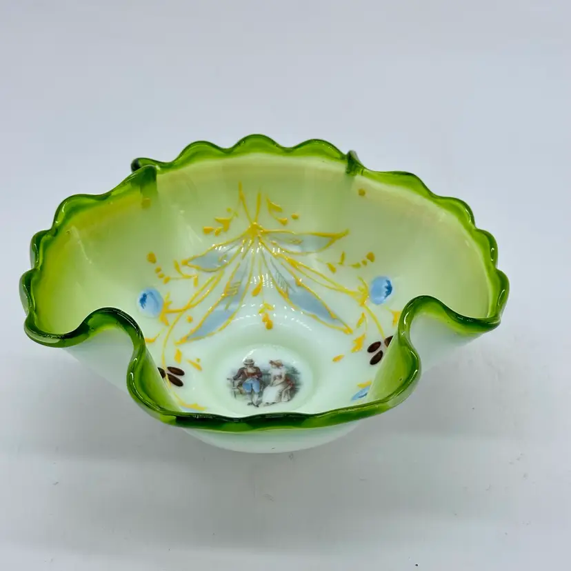 Vintage Green Glass Ruffled Bowl Hand Painted Flowers Courting Couple Hand Blown Art Glass