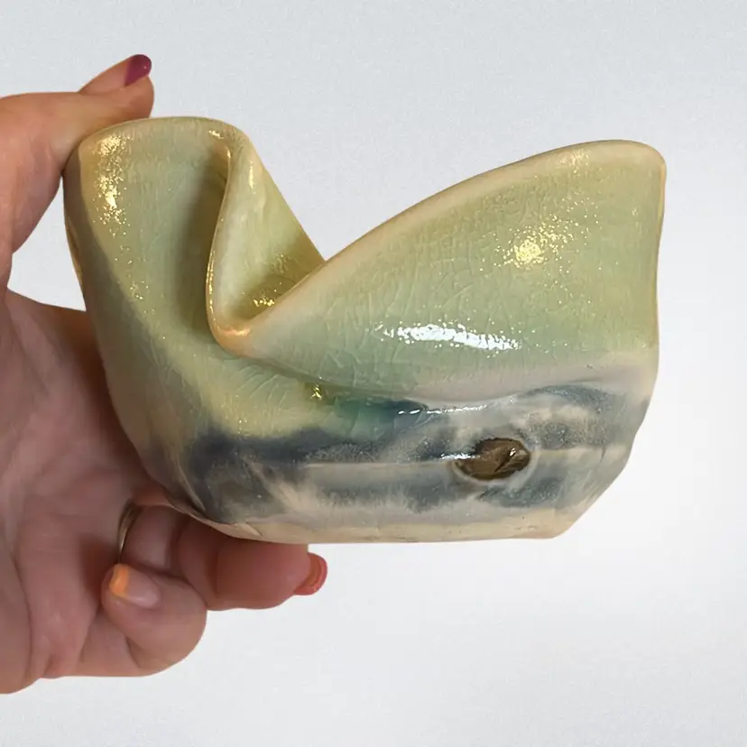 Twisted Pottery Dish Mint Green Signed | 2.75"