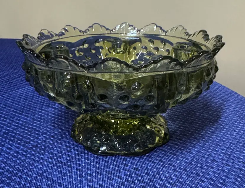 FENTON Hobnail Glass Pedestal Candle Holder Bowl Olive Green 6.5” diameter