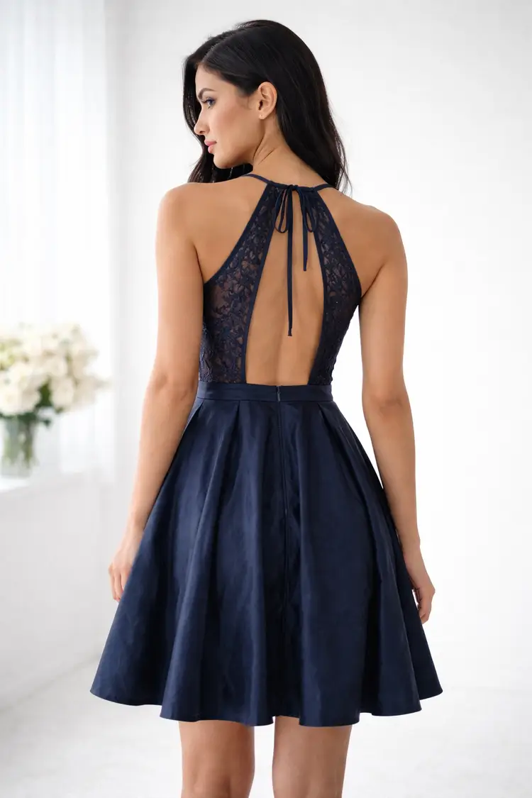 JJs House Navy Blue 8 Lace Fit & Flare Midi Dress Open Back Prom Formal Pockets