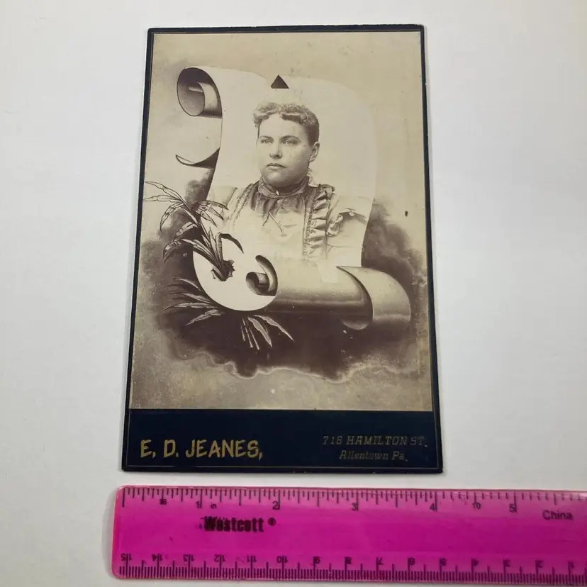 Cabinet Card Serious Woman Portrait Scrollwork ED Jeanes Allentown Pennsylvania