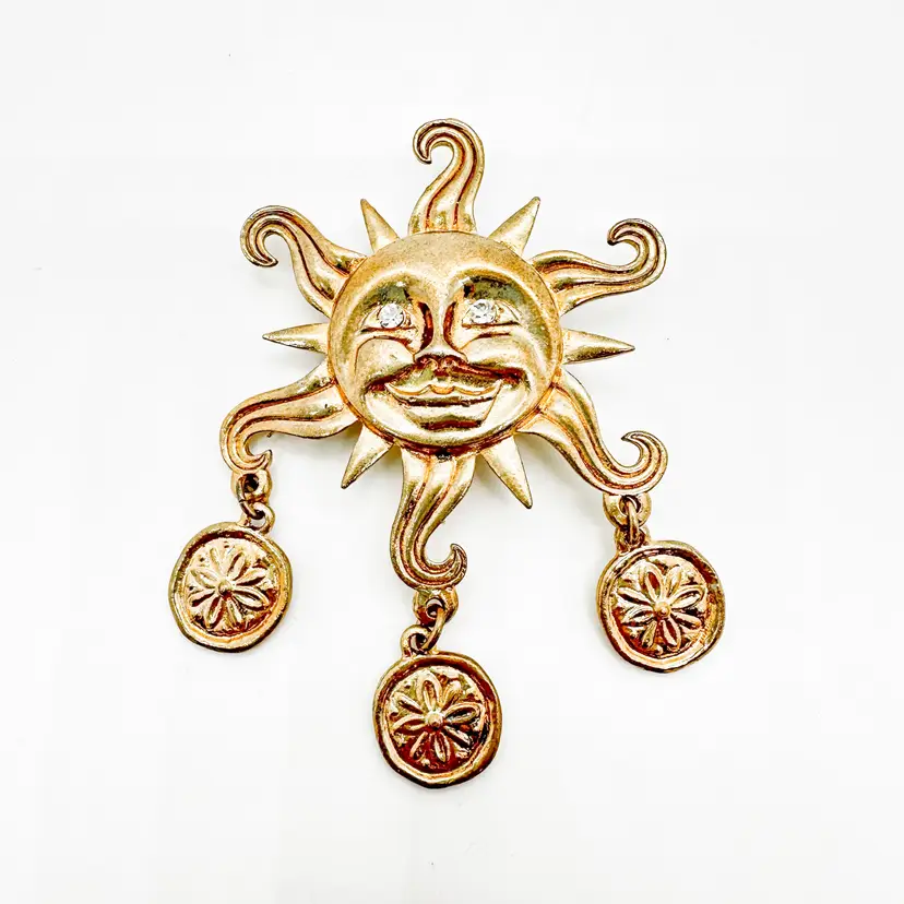 Sun Brooch Unbranded Gold Tone Dangle Coins Crystal Eyes 3.25" x 3" Vintage