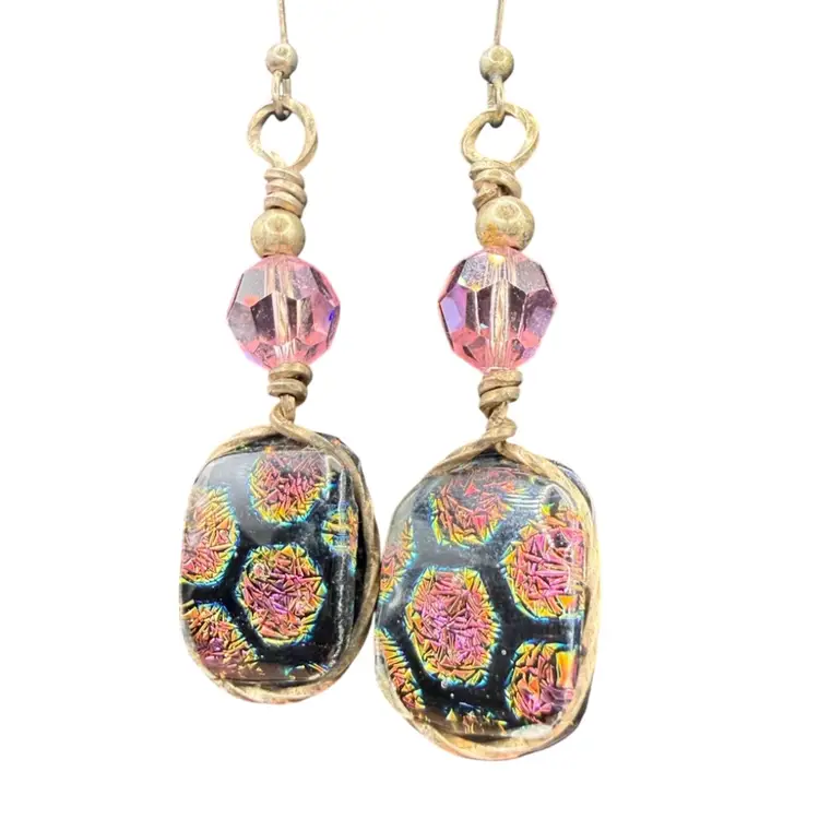 Sterling Silver Artisan Dichroic Glass Drop Pierced Earring - Pink