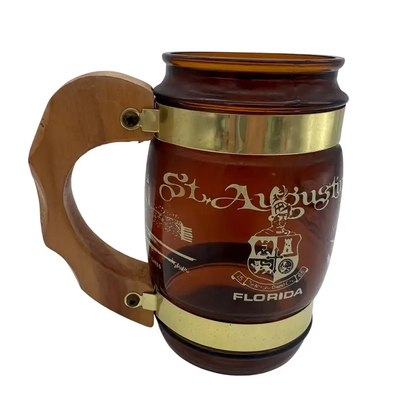 Vintage Siesta Ware St. Augustine Florida Amber Glass Mug 5″ with Wood Handle