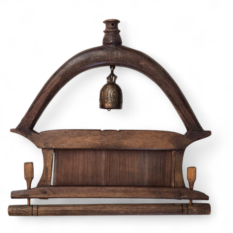 Wood Tapestry Hanger Handmade Metal Brass Bell from Thailand with Condition Issues