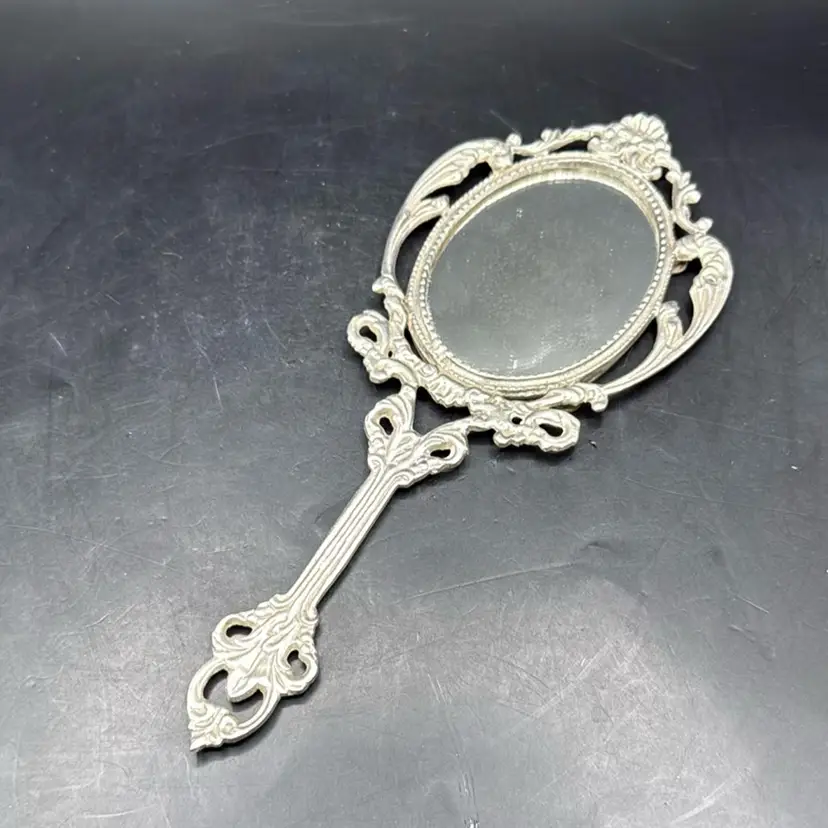 Heavy Silver Tone Metal Vanity Mirror (can Hand On Wall)