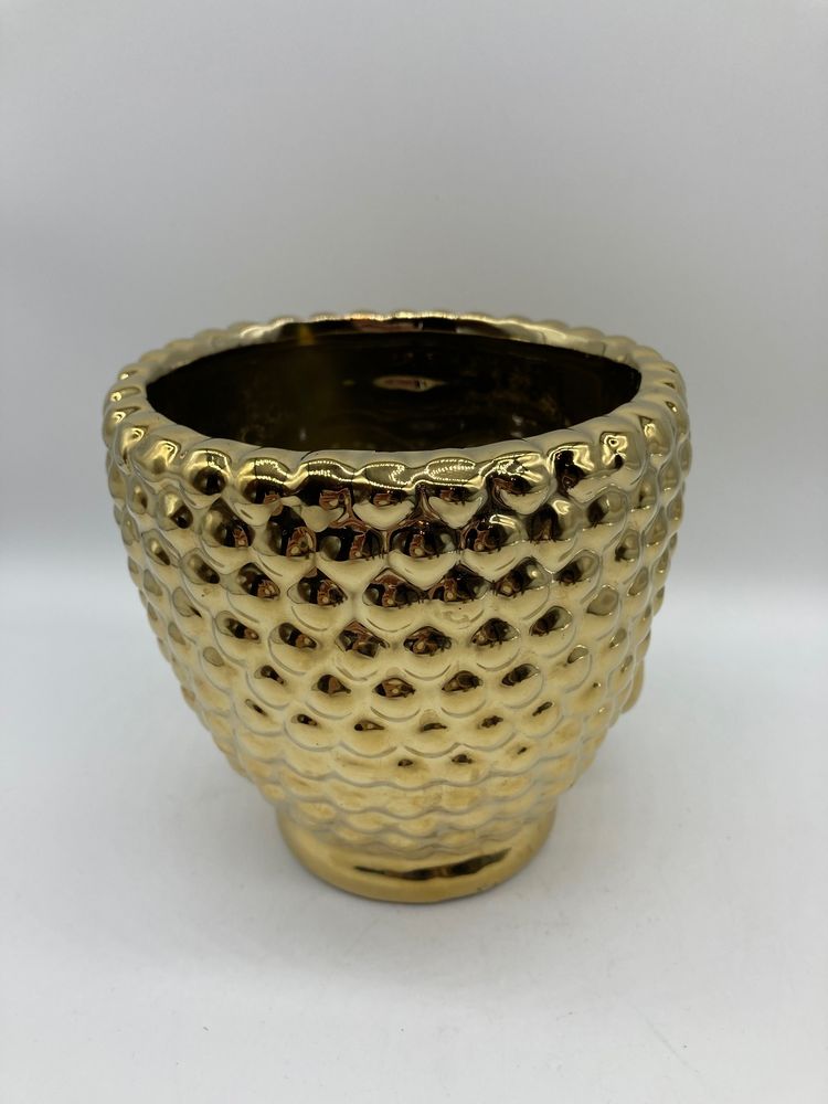 Gold Tone Covered Glass Vase Flower Pot