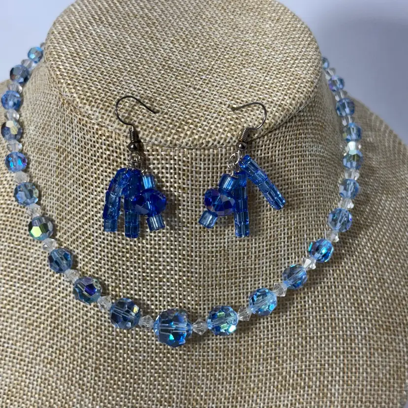 Vintage Blue AB Crystals Vintage Japan 16” Comes With Dangly Earrings