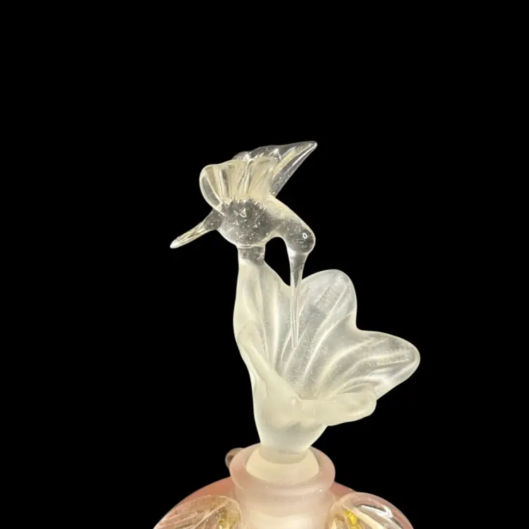 Vintage Golden Crown E&R Perfume Bottle Pink Frosted Crackle Glass Bottle Frosted Flower Stopper W/Hummingbird 
6" T x 2-1/2” W