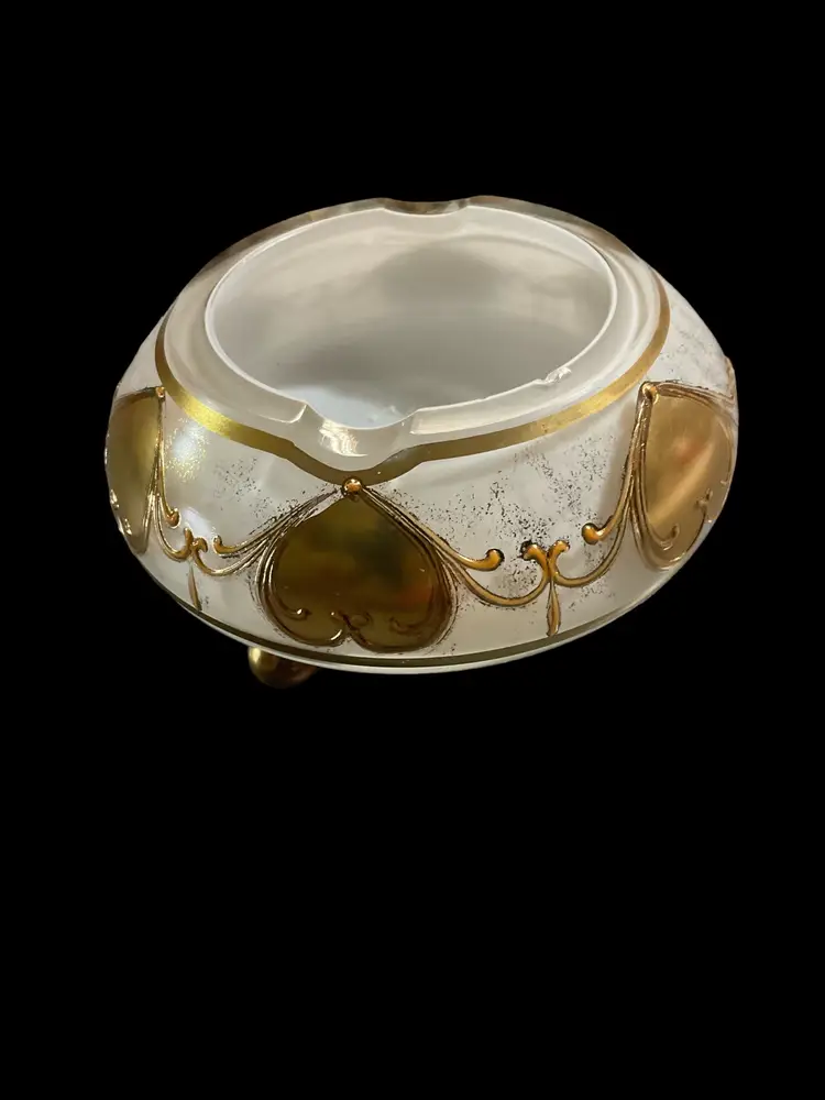 Vintage Glass Round Footed White and Gold Trim Ashtray.