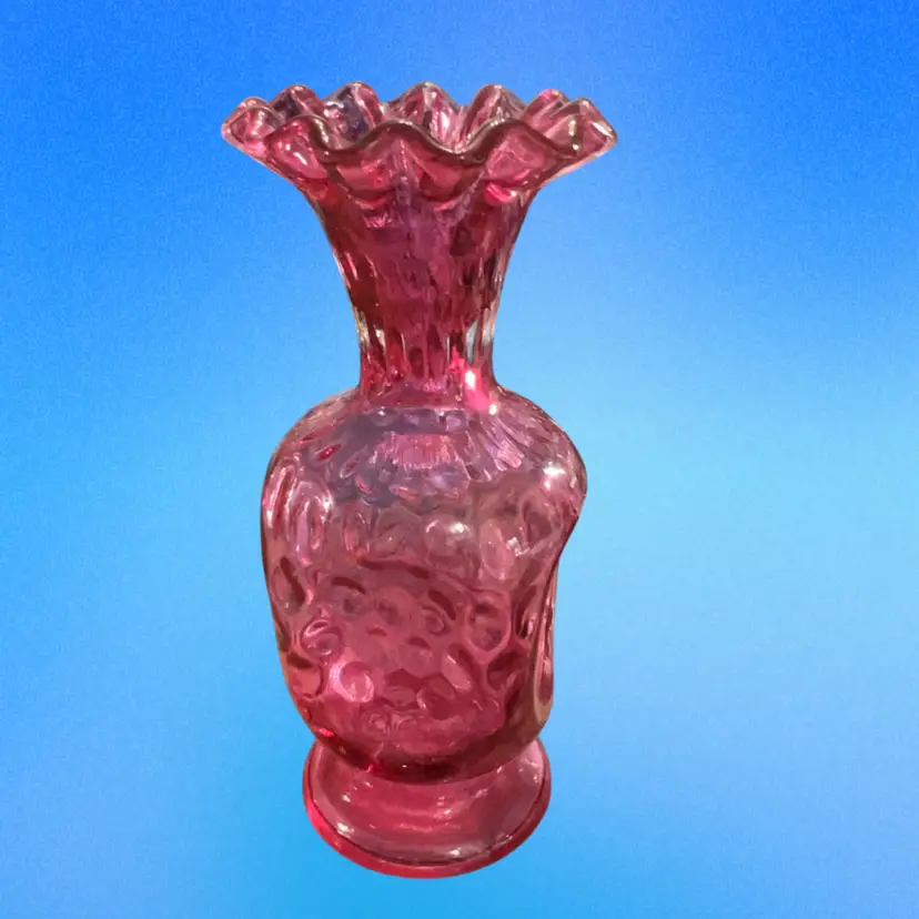 Fenton Cranberry Pinched Sides Thumbprint Vase 6”