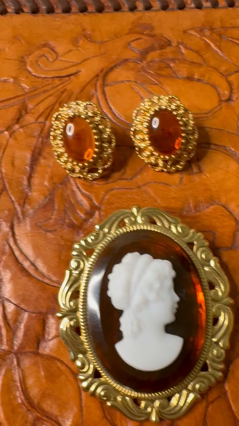 Vintage Lucite & Gold Tone Cameo Brooch With Pierced Earrings