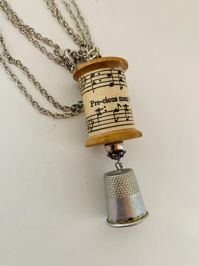 Wooden Spool And Thimble “Precious Memories” Necklace