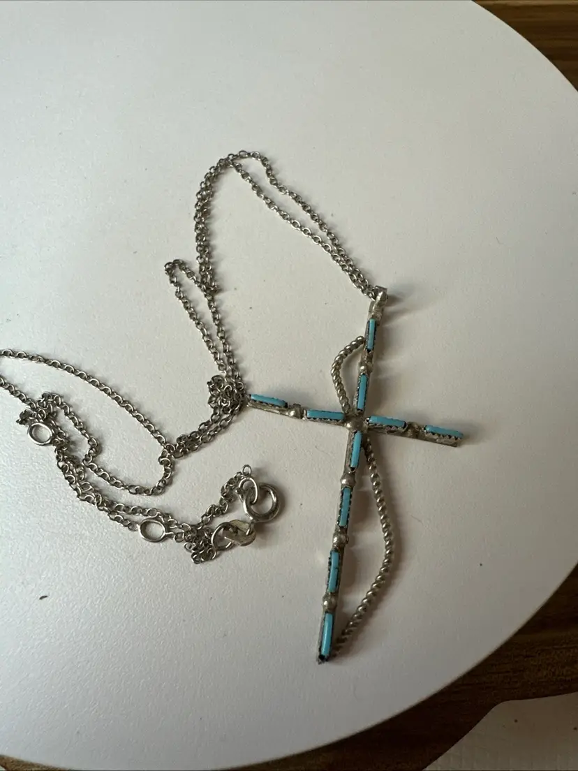 Vintage Sterling Silver Turquoise Cross Necklace